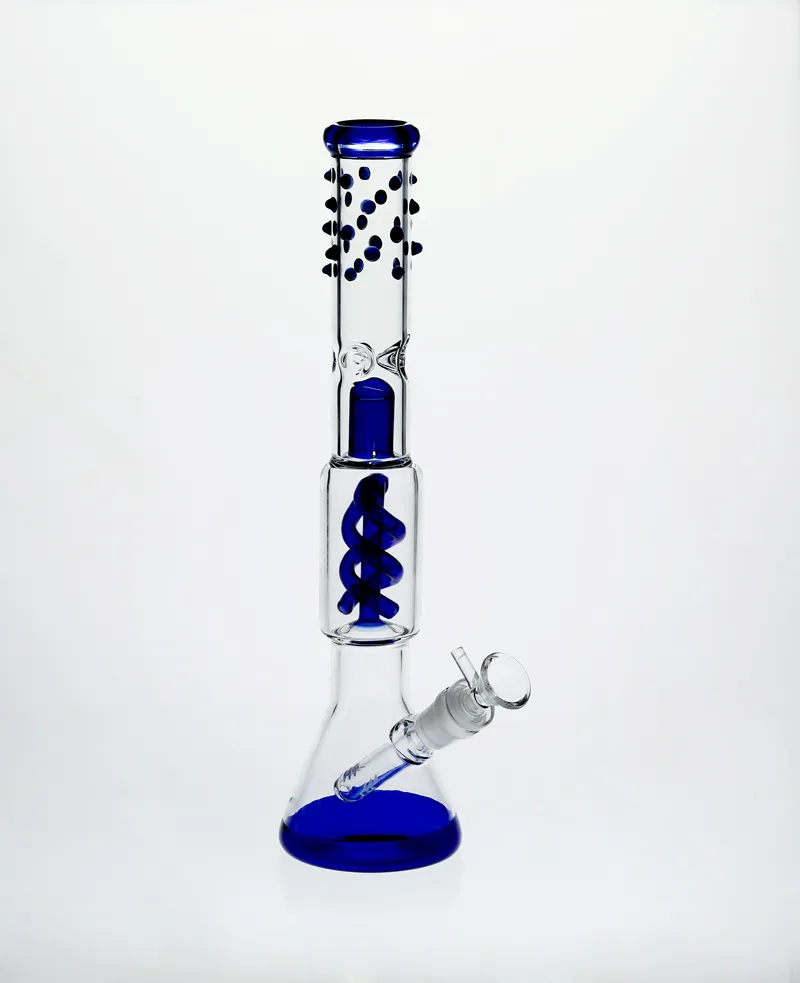 Bong in vetro con becher percolato da 15 '' con tubo a vite blu con ciotola a stelo inferiore da 14,4 mm Venditore caldo a due funzioni impianti petroliferi Gorgogliatore