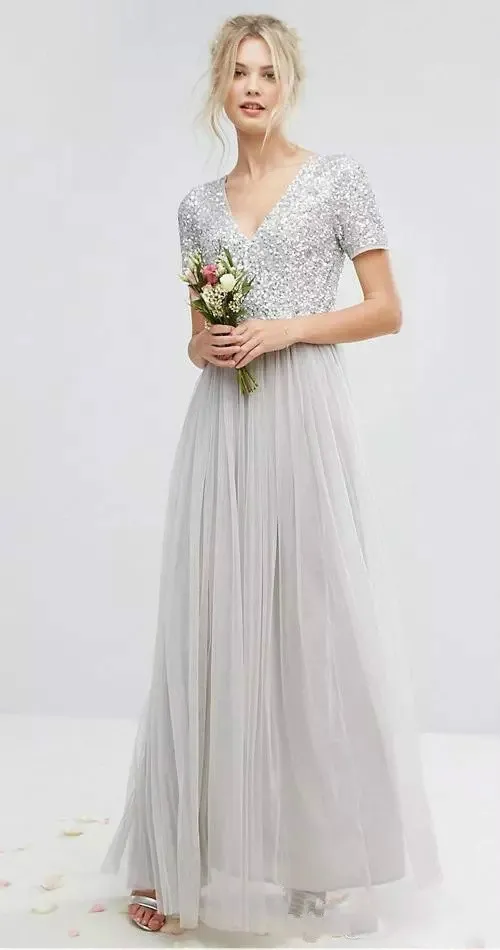 Kraj Długie Cekiny Suknie Druhna 2019 Sliver Krótki Rękaw V Neck Plus Size Suknie Tulle A-Line Maid of Honor Dress Maidendy