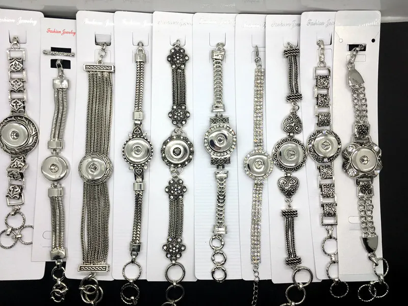 Venta al por mayor 10 unids / lote Snap Silver Charm Bracelet Diy Snap Jewelry Intercambiable 18mm Snap Button Charm Fit Noosa Ginger Snaps Estilo mixto