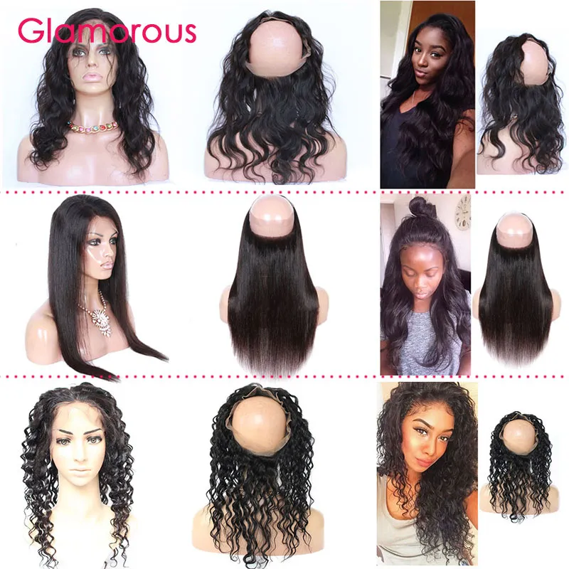 Cheveux humains glamour 360 Frontaux Vague de corps Droite Vague profonde Bouclés Cheveux brésiliens 360 Fermetures frontales en dentelle 22.5x4x3 Fermetures rondes en dentelle