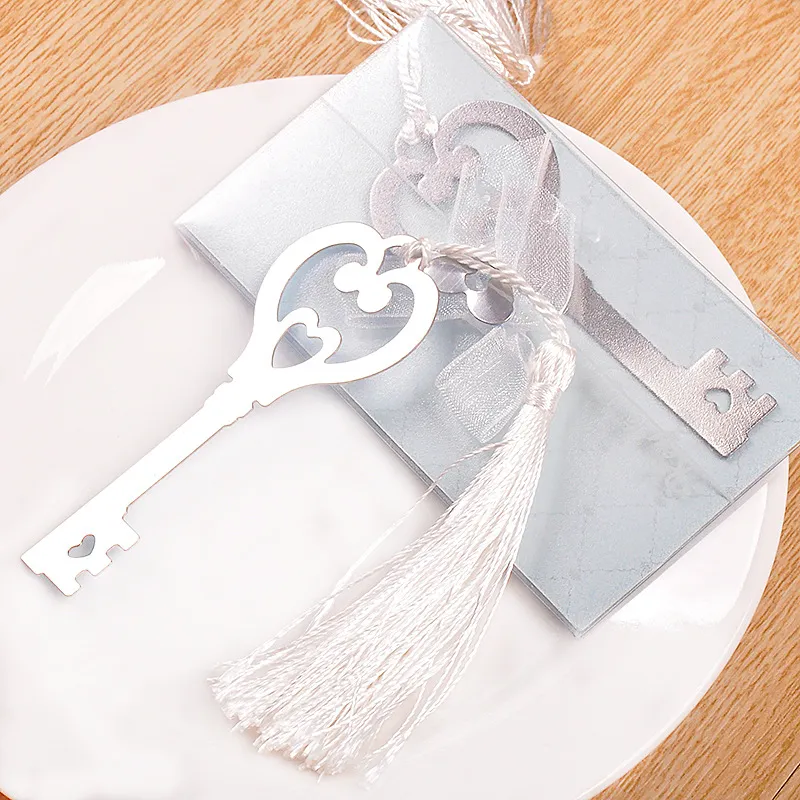 Metal "Key to my Heart" Heart-shaped Key Bookmark with White-silk Tassel wedding party Gifts favors WA1849