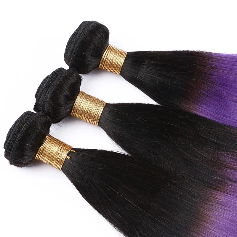 Two Tone 1B/Purple Ombre Malaysian Human Hair Weaving Straight Dark Root Purple Ombre Virgin Remy Human Hair Bundles Double Wefts