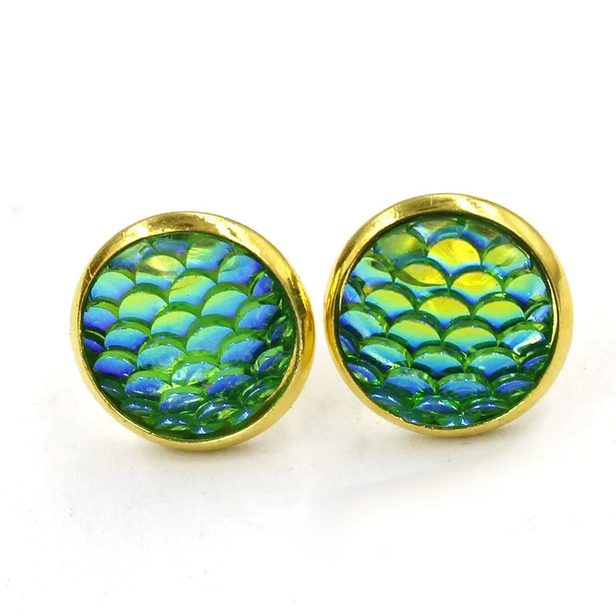 Moda Drusy Druzy Kolczyki Pozłacane 12mm Round Żywica Mermaid Fish / Dragon Scale Stud Kolczyki dla kobiet Lady Biżuteria