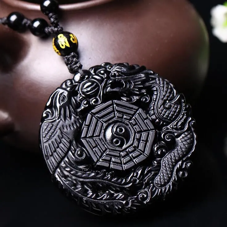 Collier pendentif obsidienne volcanique Phoenix Dragon Yin Yang PPUK Stock4980278