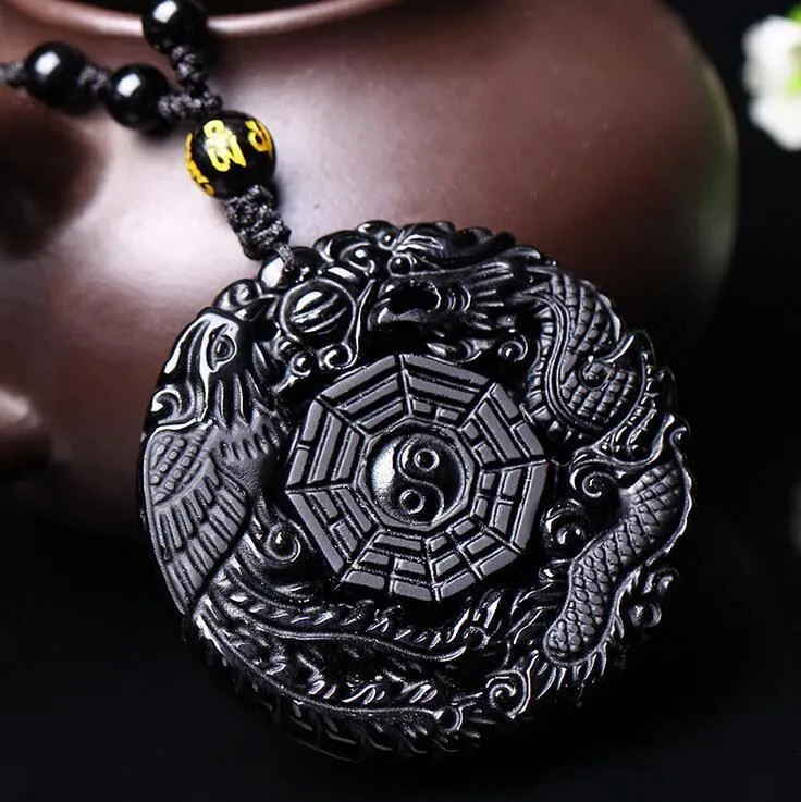 Obsidiana Volcánica Phoenix Dragón Yin Yang Collar colgante PPUK 8308293