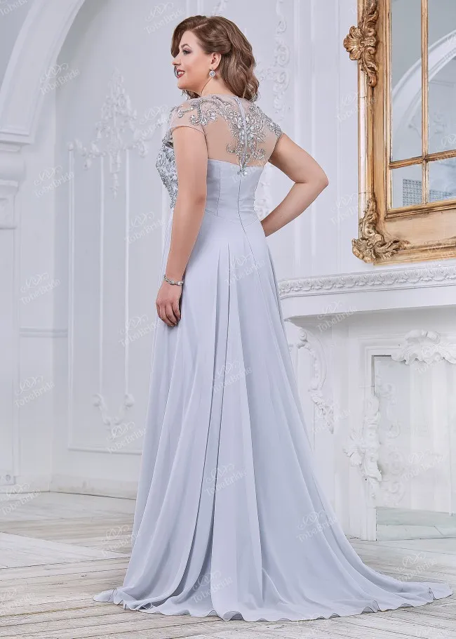 Élégant argent paillettes mère de la mariée robes perlées pure bijou cou robe d'invité de mariage balayage train grande taille robes de soirée en mousseline de soie