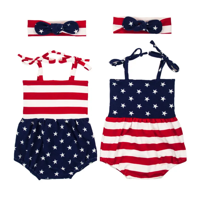 Pasgeboren baby meisje romper hoofdband set zomer mouwloze verenigde staten vlag baby baby kleding peuter jumpsuit kinderkleding outfit