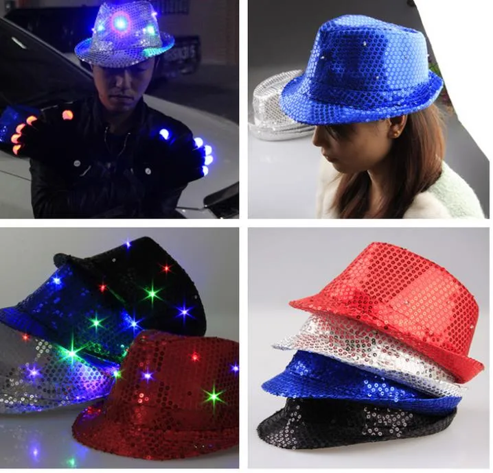 LED Jazz Hoeden Knipperlicht Led Fedora Trilby Pailletten Caps Fancy Dress Dance Party Hoeden mannen Kerst Festival Carnaval Kostuums