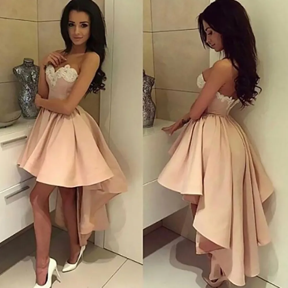 Sexy blozen roze hoge lage cocktail jurken korte kant feestjurk backless sweetheart satijn prom jurken avondkleding