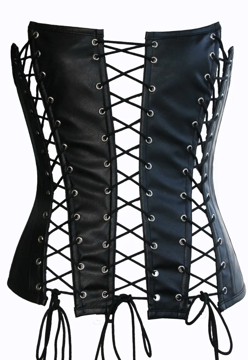 Punk Sexy Frauen Schwarz Korsett Vorne Hinten Lace Up Tops Taille Gestaltung Korsett Kunstleder Overbust Bustier