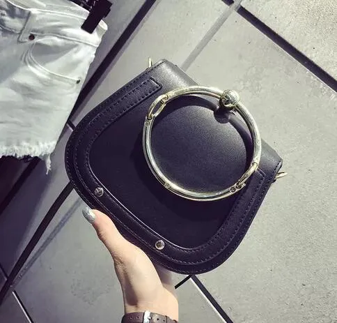 Summer New Genuine Leather Handbag Bag Metal Ring package saddle metal nile handle bag Bracelet bag Female Shoulder Messenger Crossbody Bags
