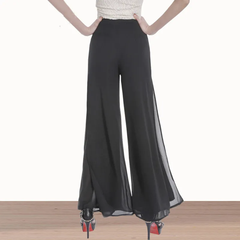 Women Ladies Vintage Loose High Waist Long Trousers Chiffon Side Split Casual Palazzo Pants Wide Leg Pants pantalones