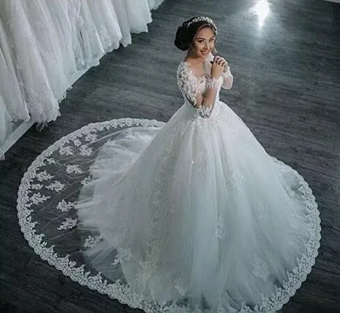 Luxury Applique Crystal Wedding Dresses With Gorgeous Jewel Long Sleeve Covered Button Back Sweep Train Bridal Gown 2021 New Design