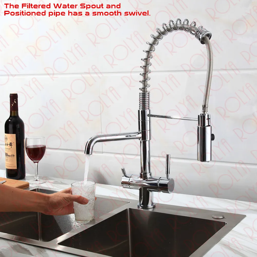 Rolya New Commercial Tri Flow Kitchen Faucet with Spring Hose Sink Mixer Professional 3 Way Water Filter Tap