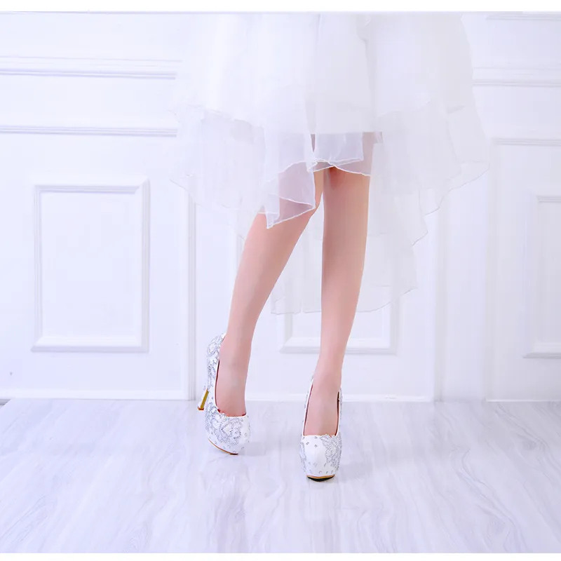 Neueste Designer Elegante Spitze mit Strass Weiß Schuhe Party Prom Braut Hochzeit High Heels Handmake 4 Zoll Plattformen Frauen Schuhe