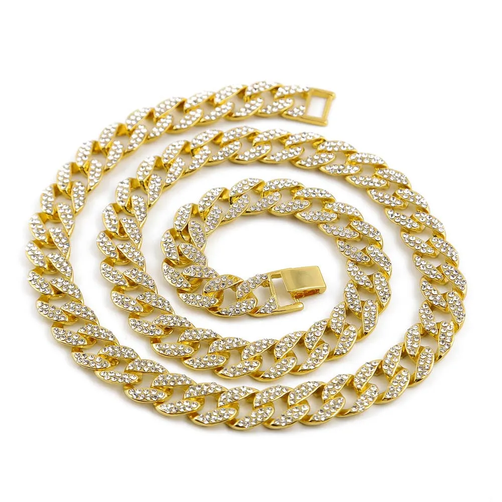 Hip Hop Jewelry ICED OUT 18K Gold Plated Full Rhinestone Curb Miami Cuban Link Chain Necklace Men Bling Rapper Accessories 4 Size Length