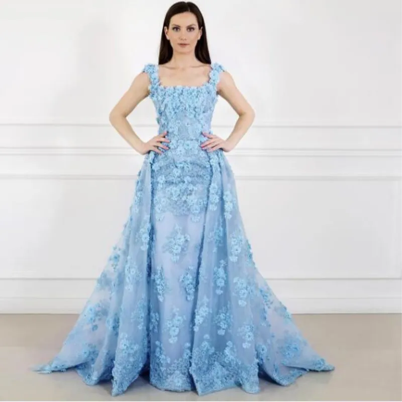 Ljusblå blommig prom klänning med överkjolar spets applique ärmlös tulle långa kvällsklänningar vacker fyrkantig halsring speciell fest klänning