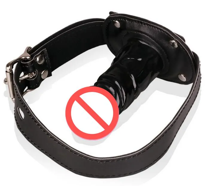 Pene plug Black Lockable Strap On Silicone Dildo Mouth Gag, Slave Leather Harness Restricción Juguetes sexuales para pareja JJD0242