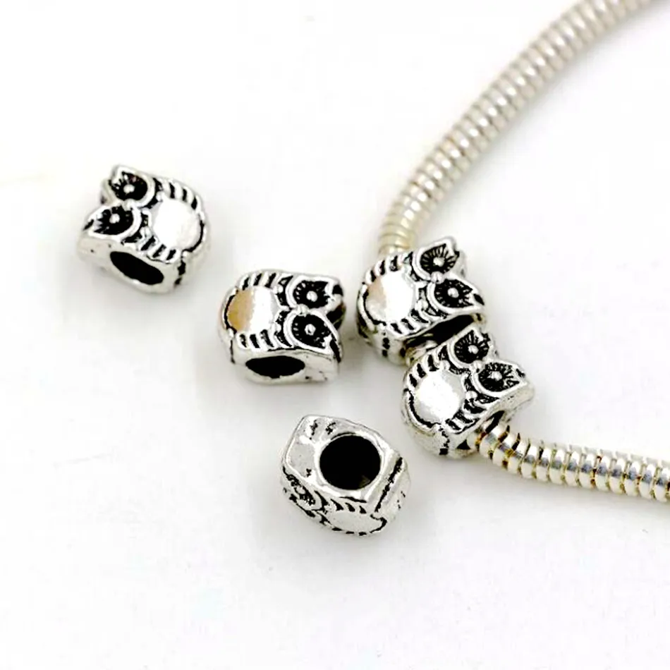 Hot ! Antique Silver Zinc Alloy Owl Large Hole Spacer Bead Fit European Beads Bracelet 7.8x10mm