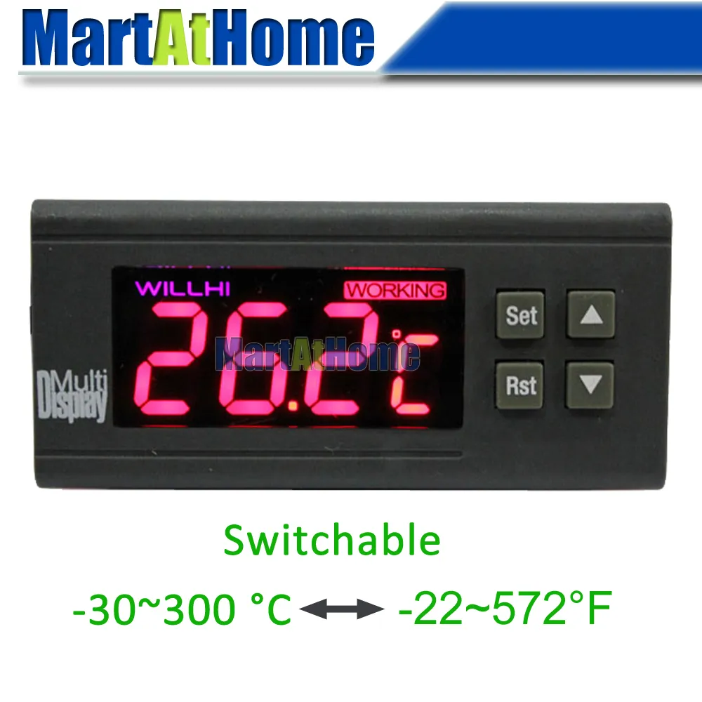 Wh7016j + conmutador -30 ~ 300 C -22 ~ 572 F Controlador de temperatura digital Termostato electrónico con alarmista + Probe 12/24 / 110 / 220V