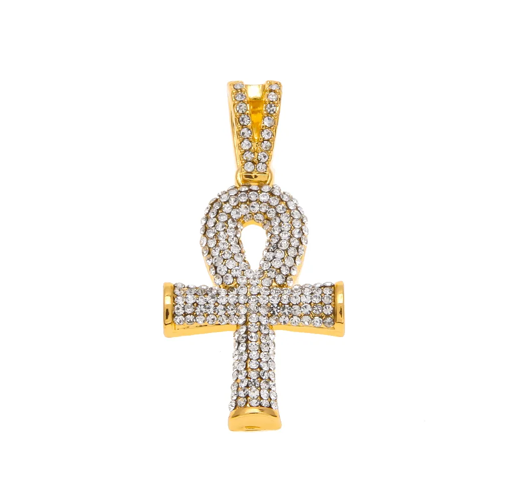 Hip Hop Gold Plated Cross Necklace Mens Full Iced Out Crystal Egyptian Ankh Key Pendant Necklace With 24'' Cuban Chain