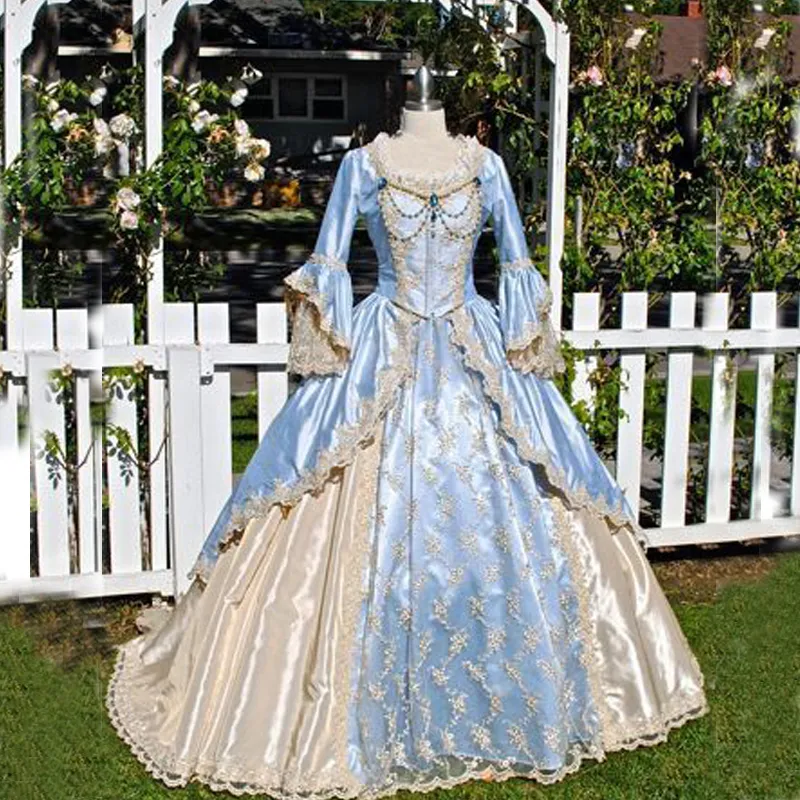 Vestido de baile vintage vestido vitoriano medieval gothid vestido de noiva champanhe luz céu azul mangas compridas sino apliques colher pescoço cust315h