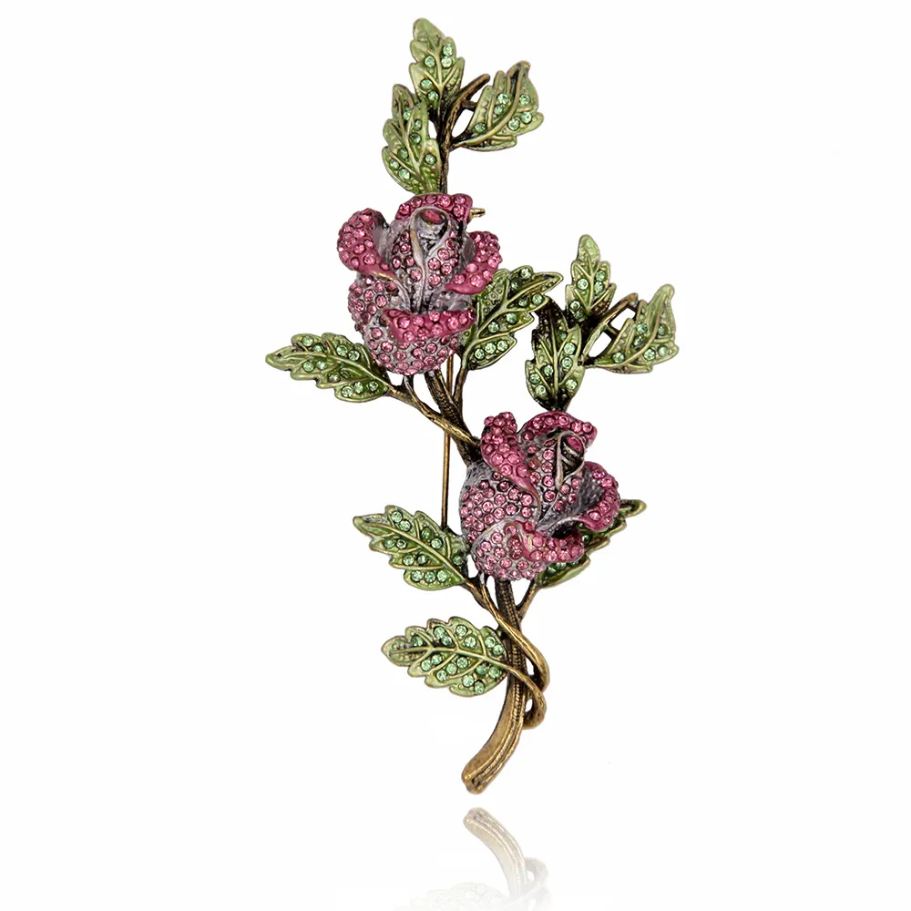 Gros- Cristal Strass Rose Fleur Broche Broche Branche D'arbre En Métal Feuilles Vintage Bijoux De Mode Femmes Accessoire De Vêtement