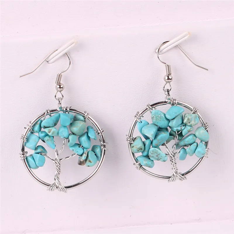 Arbre de vie Boucles d'oreilles Fil Arbre Dangle Boucles d'oreilles Nature Inspiré Semi précieux Cristal Crystal Chakra Stone Améthyste Turquoise Green Bijoux