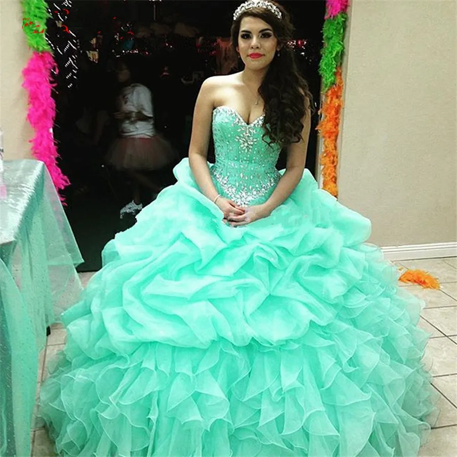 أنيقة كريستال الكشكشة الدانتيل متابعة الكرة الحبيب quinceanera اللباس النعناع الأخضر مثير 16 اللباس الأورجانزا الكرة العباءات vestidos longos الفقرة