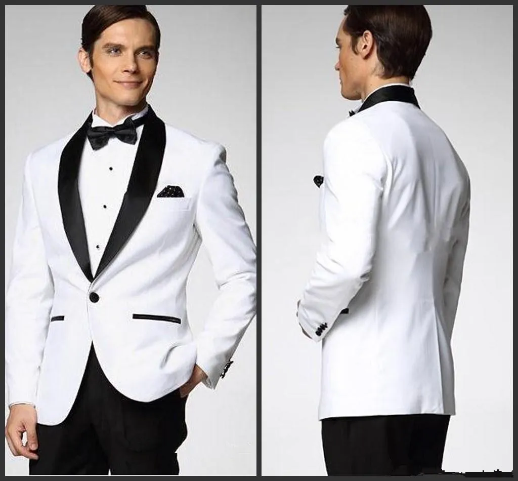 Top vente blanc avec revers en satin noir Tuxedos marié Plus de style Choisissez Groomsmen hommes costumes de mariage (veste + pantalon + nœud papillon + mouchoir) W1