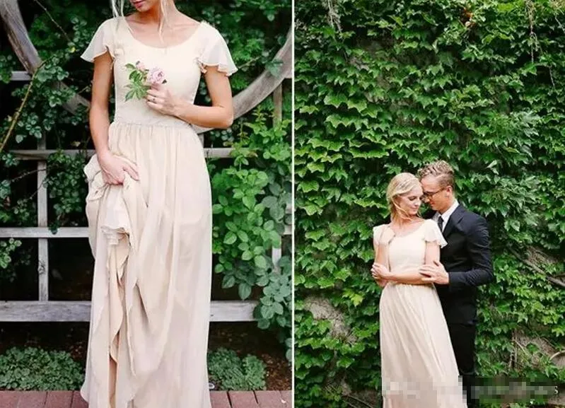 Champagne Modest Wedding Dress with Flutter Sleeves A-line Vintage Boho Bridal Gowns Outdoor Beach Bride Dresses Custom Made