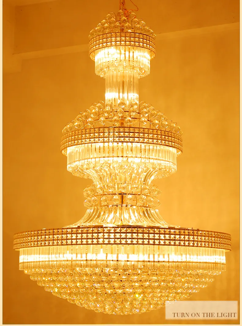 Moderne Kristall-Kronleuchter, LED-Kronleuchter, amerikanisches Gold, Beleuchtungskörper, 3 weiße Lichtfarben, dimmbar, lange Hängelampen für Zuhause, Hotel, Villa