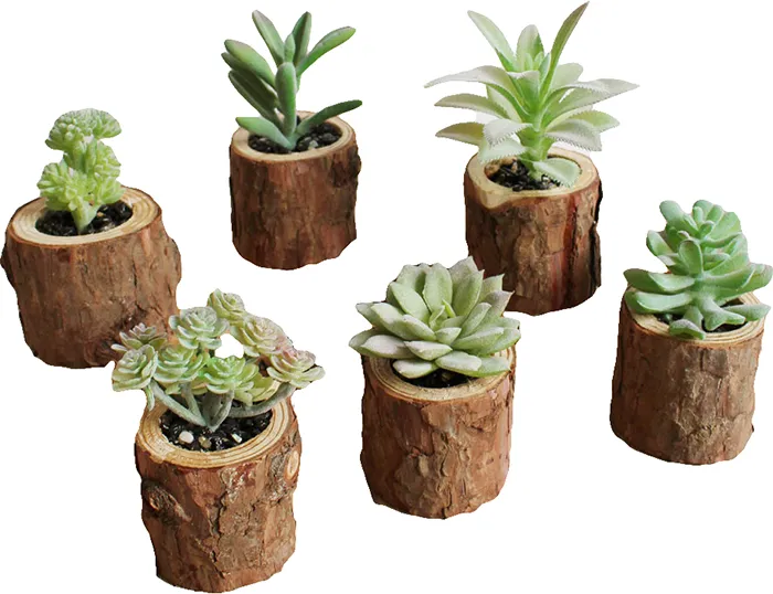 Cute Mini Pastoral Artificial Green Emulational Succulent Plants With Wooden Pots for Home Table Garden Wedding Table Christmas Party Decor