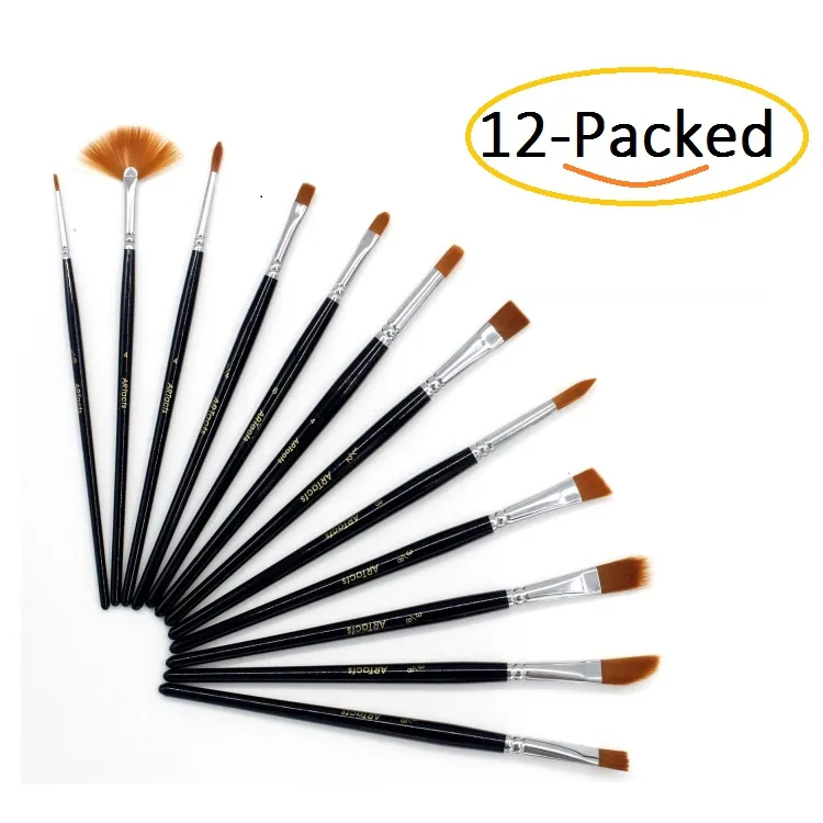 12-packade pennor för duk måla konst, målning verktyg akvarell penna med wnylon hår, för akryl oljemålning nybörjare verktyg