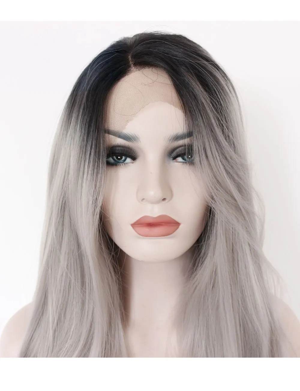 Perruque Lace Front Wig synthétique 2 tons gris ombré, perruques de remplacement avec racines foncées, longues et lisses naturelles, gris argenté, pour femmes, chaleur Resi9876803