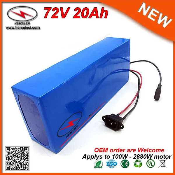 Powerful 2880W Lithium Battery 72V 20AH EBike Battery Pack Used 26650 20S4P Cell Li Ion Battery 40A BMS