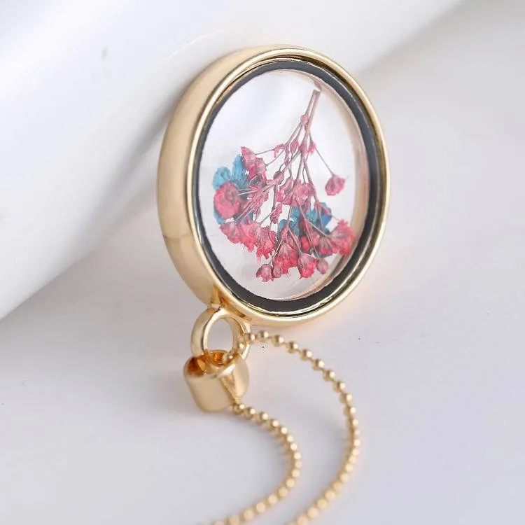 High quality Pendant necklaces creative plant specimen round dried flower crystal pendant necklace can not be opened floating locket