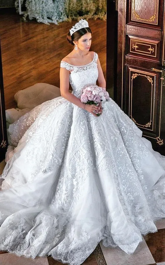 Superbe robe de mariée princesse robe de bal paillettes dentelle appliques épaule robe de mariée robes de mariée, plus la taille tulle robes de mariée sexy