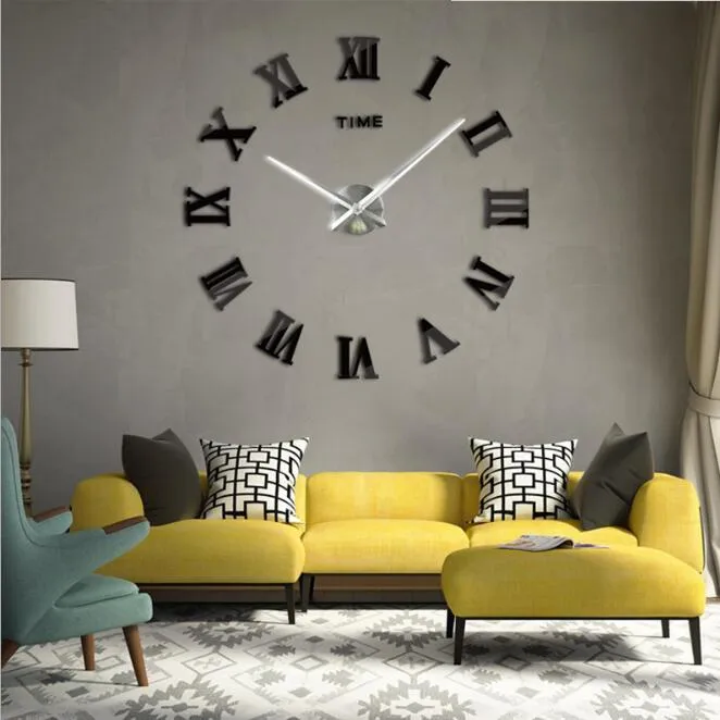 Vardagsrum DIY Stor kvarts akryl Spegel Väggklocka 3D Romerska Numeral Design och Fashion Art Home Decor Wall Stickers Klockor