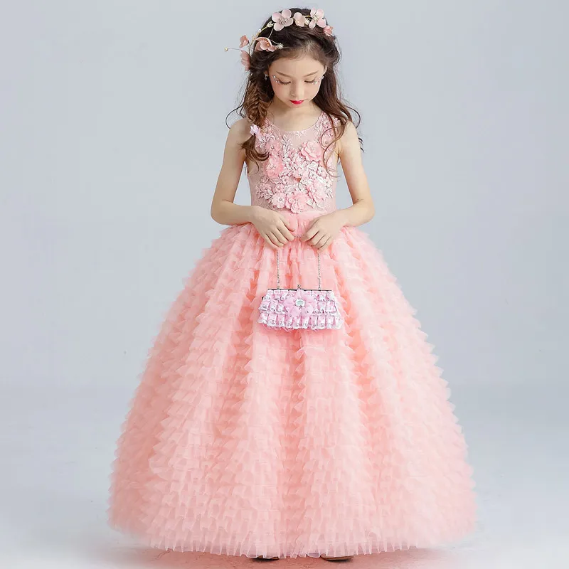 Luxury Pink Tulle Flower Girl Dress Kids Wedding Dress Ankle Length Appliques Bead Kids Party Prom Dress First Communion Dresses