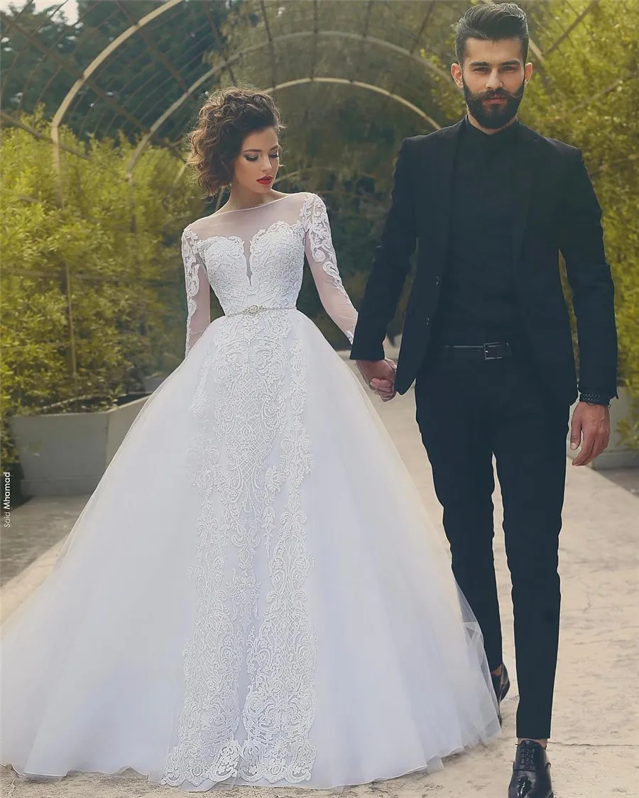 African Saidmhamad Tulle Ball Gown Wedding Dresses Saudi Arabia Long Sleeves Sheer Neck Luxury Tulle Appliques Bridal Dress