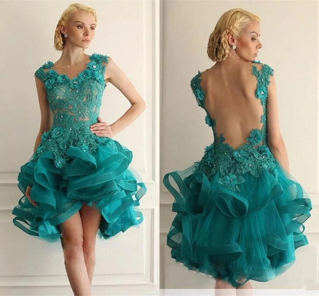 2017 New Emerald Green Short Prom Dresses Appliques Lace Tiered Organza High Low Cheap Backless Prom Dress Formal Party Gowns Custom Made