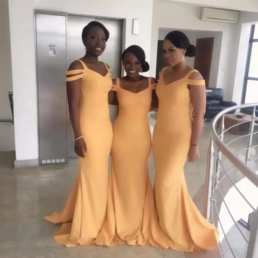 Sand Yellow Mermaid Long Bridesmaid Dresses Scoop Neckline Party Gowns Back Zipper Strip Shape Sleeves Custom Made Guest Formal Dresses