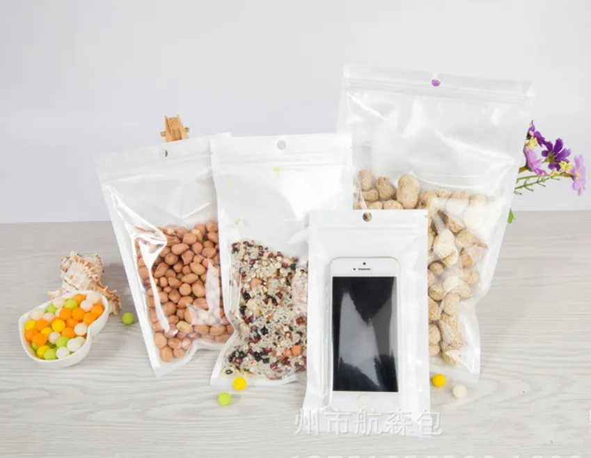 Limpar Pérola Branca de Plástico Poli Sacos OPP Zíper Bloqueio de Embalagem de Varejo comida De Alimentos saco de plástico PVC para Samsung caso de telefone celular