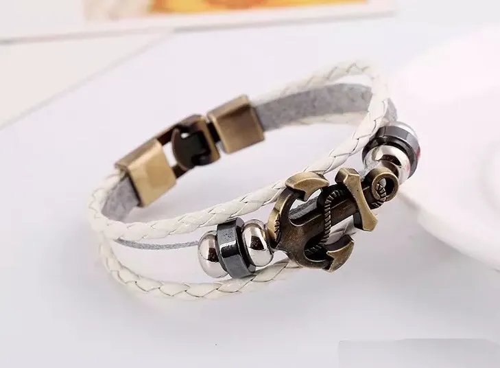 2017 DIY Leder Perlen Charm Armbänder für Männer Mode Charme Schmuck Punk Wachs Seil Manschetten Armreifen Anker Multilayer Legierung Armband