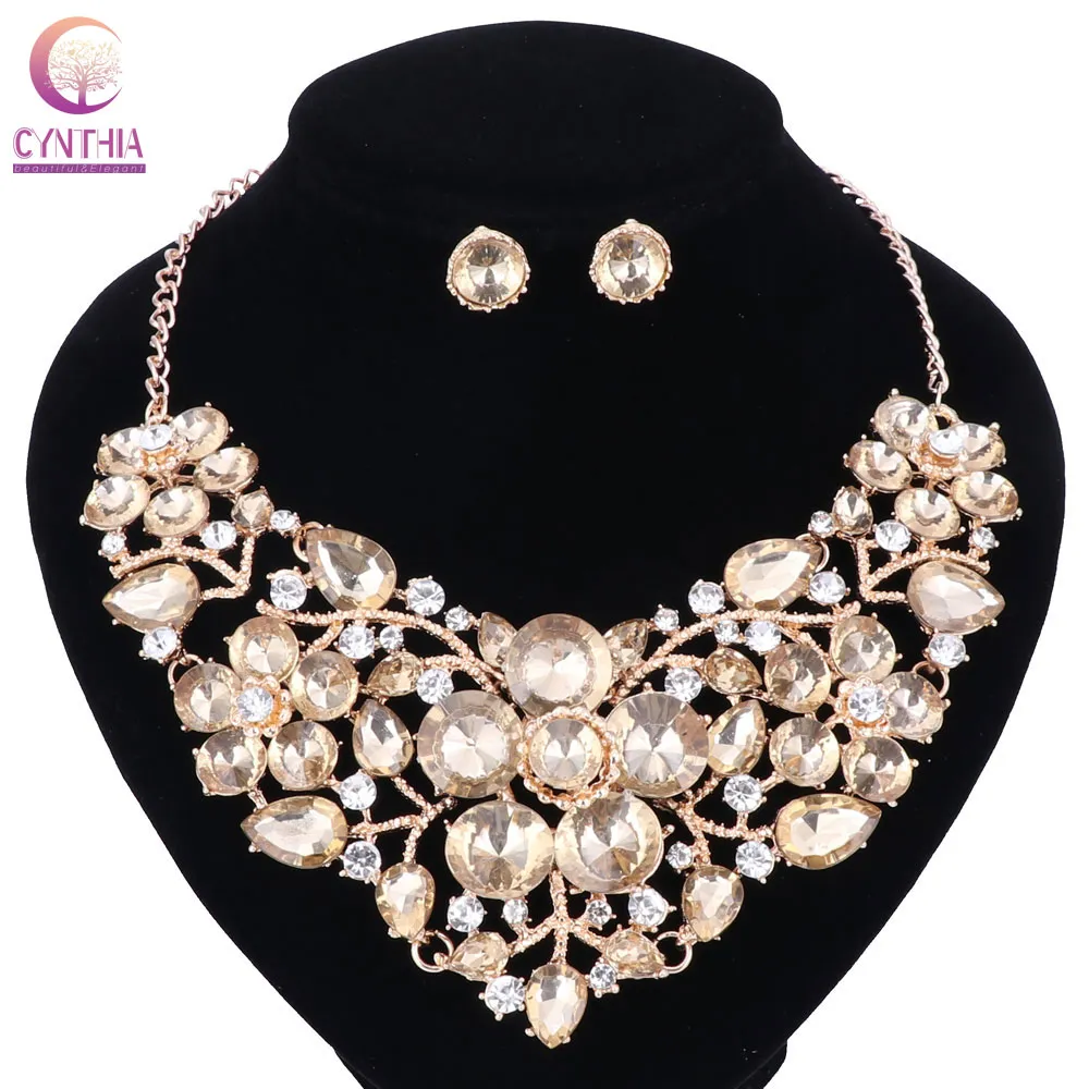 Women Fashion Statement Necklace earrings sets Bridal Wedding Party Necklace Flower Type Golden Plated Crystal Jewelry Sets