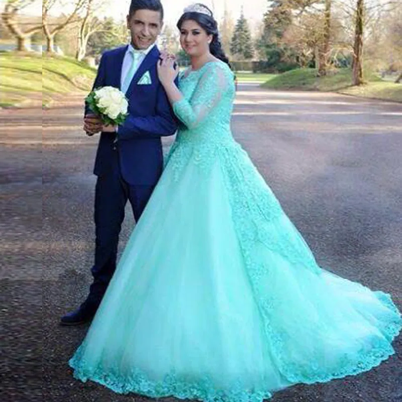 Magnifique Vert Menthe Turquoise Plus La Taille Robes De Mariée Manches Dentelle Perlée Appliques Tulle Une Ligne Robes De Mariée Robe De Mariée Arabe