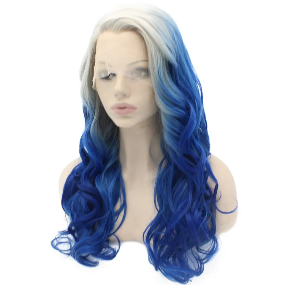 Długi Falisty Szary Blue Ombre Lace Front Cosplay Party Peruka