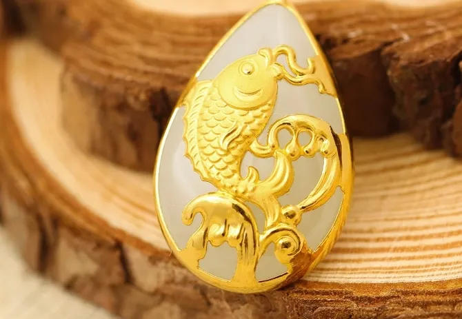 Gold inlaid jade white water type gold carp talisman necklace pendant more every year