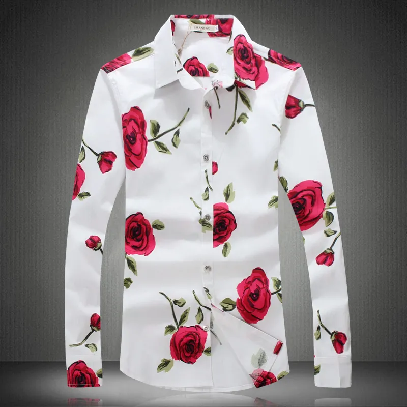 Partihandel - God kvalitet blommig tryckt skjorta Män 2016 Ny mode plus storlek Slim Fit Långärmad Rose Pattern Mens Shirts Camisa Masculina